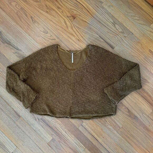 Free People Womens Cognac Brown Oversized Crop Fuzzy Popcorn Knit Sweater Medium - Picture 3 of 11